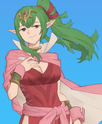 Rule 34 | 1girl, blue background, bracelet, breasts, cape, cleavage, dress, ebinku, fire emblem, green eyes, green hair, hand on own chest, high collar, highres, jewelry, looking to the side, necklace, nintendo, pink cape, pointy ears, ponytail, red dress, sidelocks, smirk, tiki (adult) (fire emblem), tiki (fire emblem)
