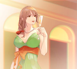 Rule 34 | 1girl, alcohol, bead necklace, beads, bow, braid, breasts, brown hair, champagne, champagne flute, cleavage, cup, dress, drinking glass, eyebrows hidden by hair, fuwafuwatoufu, green dress, hair beads, hair bow, hair ornament, hair over shoulder, highres, idolmaster, idolmaster cinderella girls, idolmaster cinderella girls starlight stage, jewelry, large breasts, necklace, open mouth, orange eyes, senkawa chihiro, smile, solo, upper body