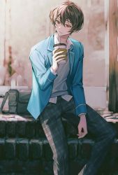 Rule 34 | 1boy, 9 rnnr, bag, black pants, blue jacket, brown hair, commentary request, cup, disposable cup, drinking straw, ensemble stars!, grey sweater vest, highres, jacket, korean commentary, long sleeves, looking to the side, male focus, pants, plaid, plaid pants, red eyes, sakuma ritsu, school bag, school uniform, shirt, sitting, solo, sweater vest, white shirt, wing collar, yumenosaki school uniform