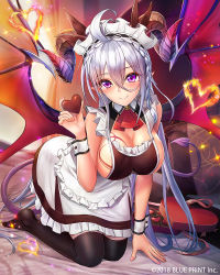 Rule 34 | 1girl, all fours, apron, asmodeus (lost crusade), bare shoulders, black thighhighs, blush, box, braid, breasts, chocolate, cleavage, curled horns, demon horns, demon tail, demon wings, dress, hair between eyes, heart, heart-shaped box, heart-shaped food, holding, horns, large breasts, light particles, long hair, looking at viewer, lost crusade, maid, maid headdress, morichika shuuto, multicolored wings, official art, pointy ears, purple eyes, sidelocks, silver hair, sleeveless, smile, solo, tail, thighhighs, very long hair, watermark, wings, wrist cuffs