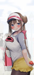 Rule 34 | 3girls, bag, blue eyes, blush, breasts, brown hair, brown pantyhose, commentary request, creatures (company), dot nose, double bun, doughnut hair bun, frilled shorts, frills, from side, game freak, gloria (pokemon), hair bun, highres, holding, holding bag, holding poke ball, large breasts, long hair, looking at viewer, looking to the side, marnie (pokemon), multiple girls, nintendo, paid reward available, pantyhose, pantyhose under shorts, parted lips, poke ball, poke ball (basic), poke ball print, pokemon, pokemon bw2, pokemon swsh, print shirt, raglan sleeves, rosa (pokemon), rouka (akatyann), shirt, shorts, solo focus, sweat, twintails, very long hair, visor cap, yellow shorts