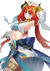 Rule 34 | 1girl, absurdres, arm up, armlet, armpits, blue skirt, blush, bracer, breasts, brooch, genshin impact, green eyes, hair ornament, harem outfit, highres, horns, jewelry, large breasts, long hair, long sleeves, looking at viewer, low twintails, navel, neck ring, nilou (genshin impact), puffy long sleeves, puffy sleeves, red hair, sash, sidelocks, skirt, smile, solo, thighlet, thighs, twintails, veil, yamanokami eaka