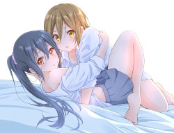 Rule 34 | 2girls, barefoot, black hair, blue skirt, blush, brown eyes, brown hair, commentary request, dresstrip, feet, hair between eyes, hair down, hair ribbon, hug, k-on!, long hair, looking at viewer, looking back, lying, miniskirt, multiple girls, nakano azusa, no hairband, on back, on bed, open mouth, partially undressed, purple ribbon, ribbon, school uniform, shirt, short hair, simple background, skirt, tainaka ritsu, twintails, white background, white shirt, yuri