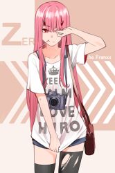Rule 34 | 10s, 1girl, adjusting hair, bag, black thighhighs, camera, character name, collarbone, commentary, darling in the franxx, english commentary, highres, horns, in mouth, long hair, nonh (wormoftank), pink hair, red eyes, red horns, shirt, short shorts, shorts, smile, solo, straight hair, t-shirt, thighhighs, torn clothes, torn thighhighs, white shirt, zero two (darling in the franxx)
