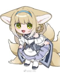 Rule 34 | 1girl, :d, animal ears, arknights, baiwei er hao ji, bare shoulders, black bag, black footwear, black vest, blonde hair, blue dress, braid, chibi, clothing cutout, dress, fox ears, fox girl, fox tail, frilled dress, frills, full body, green eyes, grey hair, kitsune, long hair, long sleeves, looking at viewer, lowres, material growth, multicolored hair, multiple tails, open mouth, oripathy lesion (arknights), pantyhose, pouch, shoes, shoulder cutout, smile, solo, standing, streaked hair, suzuran (arknights), tail, two-tone dress, vest, weibo logo, weibo watermark, white dress, white pantyhose