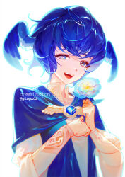 Rule 34 | 1girl, :d, bird wings, blue capelet, blue eyes, blue flower, blue gemstone, blue hair, brooch, capelet, collared shirt, commentary request, commission, crossed bangs, feathered wings, final fantasy, final fantasy xiv, flower, gem, gingx02, glowing flower, head wings, holding, holding flower, jewelry, korean commentary, long sleeves, looking at viewer, meteion, open mouth, shirt, short hair, simple background, smile, solo, twitter username, upper body, watermark, white background, white shirt, wings