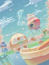 Rule 34 | altaria, blurry, blurry foreground, closed eyes, cloud, commentary request, creatures (company), cup, day, dedenne, drifloon, drinking, eating, falling petals, food, food on face, game freak, gen 3 pokemon, gen 4 pokemon, gen 5 pokemon, gen 6 pokemon, gen 7 pokemon, grass, highres, holding, holding cup, lilligant, mokukitusui, munchlax, nintendo, no humans, outdoors, petals, pokemon, pokemon (creature), rowlet, sitting, sky, swablu, tatsugiri