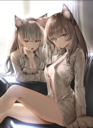Rule 34 | 2girls, :o, animal ears, animal hands, backlighting, breasts, brown eyes, cleavage, duplicate, expressionless, gloves, grey hair, grey shirt, indoors, kouyafu, long hair, long sleeves, looking at viewer, medium breasts, multiple girls, naked shirt, open clothes, open mouth, open shirt, original, paw gloves, pixel-perfect duplicate, shirt, siblings, sitting, slit pupils, thighs, twins