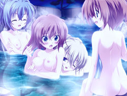 Rule 34 | 4girls, :d, artist request, ass, blonde hair, blue eyes, blue hair, blush, breasts, brown hair, character request, closed eyes, collarbone, copyright request, embarrassed, everyone, female focus, multiple girls, night, night sky, nipples, nude, one eye closed, onsen, open mouth, outdoors, plant, short hair, sitting, sky, smile, source request, tree, water, wet, wink