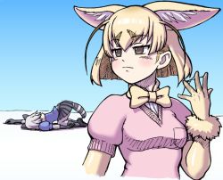Rule 34 | 10s, 2girls, animal ears, black gloves, black skirt, blonde hair, blue shirt, bow, bowtie, brown eyes, commentary request, common raccoon (kemono friends), fennec (kemono friends), fox ears, gloves, grey hair, kemono friends, kouson q, multiple girls, pink shirt, pleated skirt, raccoon ears, raccoon tail, shirt, short hair, skirt, suggestive fluid, tail, top-down bottom-up, yellow gloves, yellow neckwear