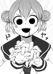 Rule 34 | 1girl, 4shi, :d, commentary request, dango-chan (4shi), double bun, drooling, greyscale, hair bun, highres, interlocked fingers, long sleeves, looking down, monochrome, monster girl, open mouth, original, sailor collar, school uniform, short hair, smile, translated
