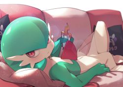 Rule 34 | 1girl, blush, cellphone, closed mouth, colored skin, couch, creatures (company), cushion, expressionless, female focus, flat chest, game freak, gardevoir, gen 3 pokemon, gen 4 pokemon, green hair, green skin, hair between eyes, hand up, highres, holding, kashu (hizake), knees up, lens flare, looking back, lying, multicolored skin, nintendo, on back, phone, pokemon, pokemon (creature), red eyes, rotom, rotom phone, short hair, solo, two-tone skin, white skin