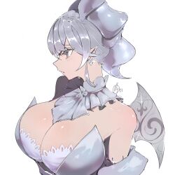 Rule 34 | 1girl, absurdres, bare shoulders, breasts, cleavage, detached collar, duel monster, earrings, grey eyes, grey hair, highres, jewelry, large breasts, lovely labrynth of the silver castle, pointy ears, slit pupils, tagme, vishapslayer, yu-gi-oh!