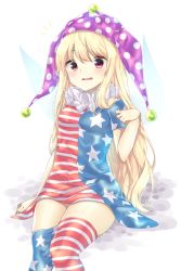 Rule 34 | 1girl, american flag dress, american flag legwear, bad id, bad pixiv id, blonde hair, blush, breasts, cheunes, clownpiece, dress, fairy wings, hat, highres, jester cap, long hair, looking at viewer, medium breasts, neck ruff, pantyhose, pink eyes, polka dot, short dress, short sleeves, sitting, solo, star (symbol), star print, striped clothes, striped pantyhose, sweatdrop, touhou, very long hair, wavy mouth, wings