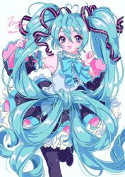 Rule 34 | 1girl, absurdres, bare shoulders, black thighhighs, blue eyes, blue hair, bow-shaped hair, detached sleeves, frilled skirt, frills, hair ornament, hair ribbon, hair rings, hatsune miku, highres, kisumi rei, long hair, long sleeves, looking at viewer, open mouth, ribbon, shirt, signature, simple background, skirt, smile, solo, thighhighs, twintails, very long hair, vocaloid