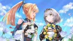 Rule 34 | 2girls, :d, black gloves, blue sky, blush, breasts, elf, eye contact, field, fingerless gloves, flower, flower field, gauntlets, gloves, highres, holding, holding wreath, hololive, konasu (user fjne8873), large breasts, looking at another, multiple girls, open mouth, pointy ears, purple eyes, shiranui flare, shiranui flare (old design), shirogane noel, shirogane noel (1st costume), sky, smile, teeth, upper teeth only, virtual youtuber, wreath, yuri