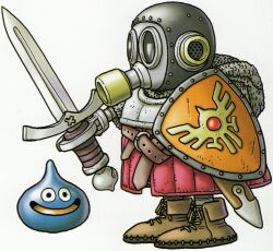 Rule 34 | 1boy, armor, armored skirt, artist self-insert, belt, belt buckle, black eyes, black outline, brown belt, brown footwear, buckle, chainmail, commentary, cross-laced footwear, dragon quest, full body, happy, highres, holding, holding shield, holding sword, holding weapon, male focus, moccasins, no nose, official art, outline, parted lips, robot, sheath, shield, shoes, simple background, slime (dragon quest), smile, solid circle eyes, standing, sword, tongue, toriyama akira, toriyama akira (character), weapon, white background