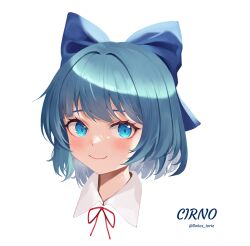 Rule 34 | 1girl, absurdres, artist name, blue bow, blue eyes, blue hair, blush, bow, character name, cirno, closed mouth, cropped shoulders, dobostorte, eyebrows hidden by hair, hair bow, hair intakes, highres, portrait, short hair, simple background, smile, solo, touhou, white background, wing collar