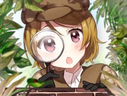 Rule 34 | 10s, 1girl, black gloves, blush, brown hair, brown hat, detective, face, gloves, hat, koizumi hanayo, long sleeves, looking at viewer, love live!, love live! school idol festival, love live! school idol project, magnifying glass, open mouth, purple eyes, short hair, solo, yuyupo