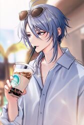 Rule 34 | 1boy, alternate costume, bishounen, blue hair, bubble tea, collared shirt, cup, drinking straw, facing to the side, genshin impact, highres, holding, holding cup, kamisato ayato, light blue hair, long sleeves, looking down, low ponytail, male focus, medium hair, mole, mole under eye, pponnya, purple eyes, shirt, smile, solo, sunglasses, teeth, white shirt