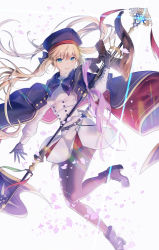 Rule 34 | 1girl, absurdres, artoria caster (fate), artoria caster (second ascension) (fate), artoria pendragon (fate), belt, black gloves, blonde hair, blue belt, blue capelet, blue eyes, blue headwear, boots, breasts, capelet, dress, fate/grand order, fate (series), gloves, highres, holding, holding staff, katase bono, long hair, long sleeves, looking at viewer, medium breasts, multicolored capelet, open mouth, pantyhose, smile, solo, staff, twintails, white dress