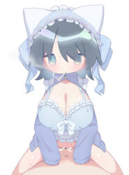 Rule 34 | 1boy, 1girl, absurdres, animal ear headwear, animal ears, bar censor, black hair, blue bow, blue bra, blue eyes, blue jacket, blush, bow, bra, breasts, cat ears, censored, chibi, cigarette, cleavage, commentary, cowgirl position, cum, cum in pussy, fake animal ears, frilled bra, frills, hair bow, hetero, highres, jacket, jitome, large breasts, maid, maid headdress, navel, open clothes, open jacket, original, pov, sex, short hair, simple background, sleeves past fingers, sleeves past wrists, smoke, smoking, straddling, sweat, thighs, toumei tou, track jacket, underwear, vaginal, white background, zipper