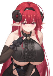 Rule 34 | 1girl, absurdres, azur lane, bare shoulders, black dress, black gloves, black hairband, black horns, breasts, closed mouth, clothing cutout, covered navel, curled horns, dress, elbow gloves, frilled dress, frills, gloves, hairband, highres, hindenburg (azur lane), horns, large breasts, long hair, looking at viewer, pointy ears, red eyes, red hair, remapack77, simple background, solo, underboob, underboob cutout, white background