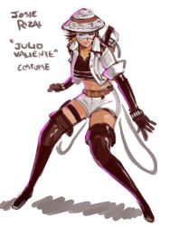 Rule 34 | 1girl, boots, commentary, cosplay, crop top, cropped jacket, elbow gloves, gloves, hat, holster, joseph paraiso, josie rizal, julio valiente, julio valiente (cosplay), mask, midriff, over shoulder, san basilio, sheath, sheathed, short hair, solo, sword, sword over shoulder, tekken, tekken 7, thigh boots, thigh holster, thighhighs, weapon, weapon over shoulder