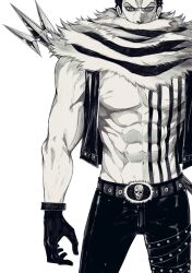 Rule 34 | 1boy, abs, bake ryori, bare pectorals, belt, charlotte katakuri, chest tattoo, covered mouth, cowboy shot, gloves, greyscale, highres, looking at viewer, male focus, monochrome, muscular, muscular male, one piece, open clothes, open vest, pants, pectorals, polearm, scar, scarf, scarf over mouth, short hair, simple background, skull belt, solo, spear, standing, stitches, tattoo, vest, weapon, weapon on back