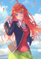 Rule 34 | 1girl, absurdres, ahoge, black jacket, blazer, blue eyes, blue sky, cloud, cloudy sky, collared shirt, commentary request, cowboy shot, day, dress shirt, fingernails, floating hair, go-toubun no hanayome, green skirt, grin, hair ornament, hand up, head tilt, highres, huge filesize, jacket, leaf, long hair, long sleeves, looking at viewer, nakano itsuki, open clothes, open jacket, outdoors, pleated skirt, red hair, red sweater, shirt, skirt, sky, smile, solo, standing, star (symbol), star hair ornament, sweater, white shirt, wind, wing collar, xyunx