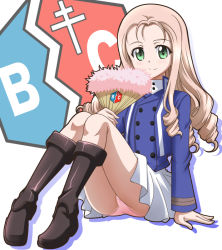 Rule 34 | 10s, 1girl, bc freedom (emblem), blonde hair, blush, boots, brown footwear, closed mouth, commentary request, curly hair, emblem, hand fan, folding fan, full body, girls und panzer, green eyes, hanzou, holding, holding fan, knee boots, long hair, long sleeves, looking at viewer, marie (girls und panzer), panties, pantyshot, pink panties, pleated skirt, silhouette, sitting, skirt, smile, solo, underwear, white background, white skirt