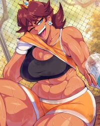 Rule 34 | 1girl, abs, andro juniarto, black bra, blue eyes, bottle, bra, breasts, brown hair, chain-link fence, cleavage, clothes lift, crown, dark-skinned female, dark skin, earrings, fence, highres, holding, holding bottle, jewelry, large breasts, looking at viewer, mario (series), medium hair, muscular, muscular female, nintendo, one eye closed, open mouth, orange shirt, orange shorts, outdoors, princess daisy, shirt, shirt lift, short shorts, shorts, sitting, solo, sweat, teeth, tennis daisy, underwear, upper teeth only, water bottle