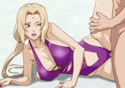 Rule 34 | 1girl, blonde hair, breasts, brown eyes, censored, cleavage, clothed female nude male, facial mark, forehead mark, from side, groin, kyabakurabakufu, large breasts, leg up, legs, long hair, lying, mosaic censoring, naruto, naruto (series), nude, on side, open mouth, penis, pussy, sex, simple background, sweat, swimsuit, thighs, tsunade (naruto), twintails, vaginal, white background