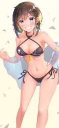 Rule 34 | 1girl, :d, akashi maho, bare legs, bare shoulders, bikini, black bikini, black choker, black hair, blonde hair, blue eyes, blush, breasts, choker, cleavage, collarbone, commentary request, criss-cross halter, d4dj, diamond earrings, earrings, feet out of frame, fingernails, front-tie bikini top, front-tie top, grin, halterneck, hand on own hip, hand up, highres, jewelry, long sleeves, looking at viewer, medium breasts, multicolored hair, navel, off shoulder, open clothes, open mouth, open shirt, print bikini, see-through, see-through shirt, short hair, side-tie bikini bottom, simple background, smile, solo, standing, star (symbol), star print, stomach, streaked hair, swimsuit, swimsuit cover-up, two-tone hair, yellow background, yuzu ponzu (vgah7445)