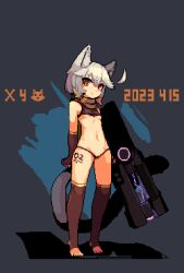 Rule 34 | 1girl, ahoge, animal ears, breasts, brown eyes, cat02a, cat ears, cat girl, cat tail, chinese commentary, crop top, dated, directed-energy weapon, electricity, energy, energy gun, energy weapon, full body, gloves, grey background, gun, leg tattoo, looking at viewer, micro panties, navel, original, panties, pixel art, purple electricity, pussy, pussy peek, revealing clothes, small breasts, solo, standing, stomach, tail, tattoo, thighhighs, underboob, underwear, weapon, white hair