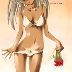 Rule 34 | 1girl, bow, bow panties, bra, dr rex, front-tie top, head out of frame, high heels, holding, long hair, original, panties, panty pull, shoes, solo, standing, tan, underwear, underwear only, white bra, white hair, white panties