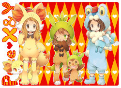 Rule 34 | 1boy, 2girls, animal, animal ears, argyle, argyle background, argyle clothes, black hair, blonde hair, boots, bow, brown eyes, brown hair, calem (pokemon), carrying, chespin, chespin (cosplay), chibi, child, closed eyes, closed mouth, copyright name, cosplay, costume, creatures (company), everyone, fennekin, fennekin (cosplay), froakie, froakie (cosplay), full body, fur, game freak, gen 6 pokemon, green eyes, happy, hat, heart, hood, hoodie, long hair, looking at viewer, multiple girls, nintendo, nose bubble, one eye closed, open mouth, orange eyes, pokemon, pokemon xy, red eyes, serena (pokemon), shauna (pokemon), short hair, sleeping, smile, standing, starter pokemon trio, swept bangs, tail, teeth, tongue, twintails, uppi, wink