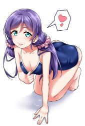 Rule 34 | 10s, 1girl, :p, \||/, aqua eyes, arm support, ass, barefoot, blue one-piece swimsuit, blush, breasts, cleavage, cleavage reach, collar tug, collarbone, commentary request, downblouse, heart, highres, kneeling, light blush, long hair, looking at viewer, love live!, love live! school idol festival, love live! school idol project, medium breasts, one-piece swimsuit, pink scrunchie, purple hair, school swimsuit, scrunchie, shadow, solo, spoken heart, swimsuit, tongue, tongue out, tojo nozomi, twintails, white background, yopparai oni