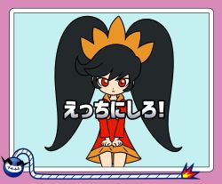 Rule 34 | 1girl, ashley (warioware), big hair, black hair, bomb, border, closed mouth, clothes grab, dot nose, dress, explosive, female focus, fuse, gameplay mechanics, hairband, highres, kyodori (oyogume), long hair, long sleeves, looking at viewer, neckwear request, nintendo, orange hairband, orange neckwear, red dress, red eyes, sidelocks, solo, standing, translated, twintails, warioware