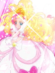 Rule 34 | 1girl, blonde hair, blue eyes, bow, commentary request, cure flora, cure flora (dress up premium), dress, dress bow, dress up premium (go! princess precure), go! princess precure, haruno haruka, long hair, magical girl, mode elegant (go! princess precure), multicolored hair, pink bow, pink hair, precure, puffy sleeves, smile, solo, streaked hair, tj-type1, two-tone hair, waist bow, white bow, white dress