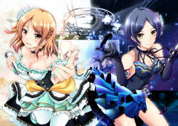 Rule 34 | 10s, 2girls, bare shoulders, black feathers, black hair, blue nails, blush, breasts, brown eyes, brown hair, cleavage, cleavage cutout, clothing cutout, detached sleeves, dress, earrings, elbow gloves, feather trim, feathers, gloves, hayami kanade, holding, holding microphone, houjou karen, idolmaster, idolmaster cinderella girls, idolmaster cinderella girls starlight stage, jewelry, kiki (koikuchikinako), long hair, looking at viewer, microphone, multiple girls, nail polish, open mouth, outstretched hand, parted bangs, petals, short hair, side slit, smile, stage lights, strapless, strapless dress, yellow eyes