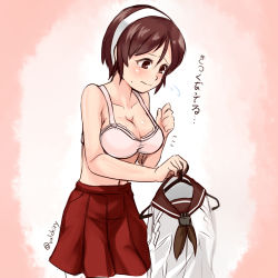 Rule 34 | 10s, 1girl, blush, bra, breasts, brown eyes, brown hair, hairband, highres, kantai collection, large breasts, nam (valckiry), natori (kancolle), short hair, solo, sweatdrop, translated, underwear, undressing, uniform, very short hair, wavy mouth