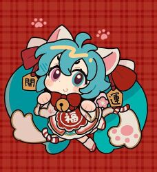 Rule 34 | 1girl, alternate eye color, animal ears, bell, blue eyes, blue hair, blush stickers, bow, bowtie, cat ears, cat girl, cat tail, chibi, chinese commentary, chinese new year, closed mouth, clothes writing, commentary, dress, flower, full body, hair between eyes, hair ribbon, hands up, hatsune miku, jingle bell, kemonomimi mode, long hair, looking at viewer, neck bell, paw pose, paw print, pink eyes, pink flower, plaid, plaid background, red background, red bow, red bowtie, ribbon, sandals, smile, socks, solo, standing, standing on one leg, suuroku, tail, very long hair, vocaloid, white socks, zouri