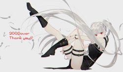 Rule 34 | 1girl, absurdly long hair, belt, black footwear, boots, bracelet, english text, full body, grey background, jewelry, legs, long hair, looking at viewer, naomasap, original, red eyes, silver hair, simple background, solo, thank you, thigh strap, very long hair