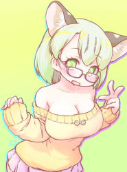 Rule 34 | 1girl, alternate costume, animal ears, blush, breasts, cleavage, collarbone, eyelashes, fang, female focus, glasses, green background, green eyes, green hair, highres, kemono friends, large breasts, long sleeves, looking at viewer, margay (kemono friends), margay ears, margay print, no bra, no nose, no tail, off-shoulder sweater, off shoulder, open mouth, pink skirt, short hair, simple background, skirt, smile, solo, sweater, uho (uhoyoshi-o), upper body, yellow sweater
