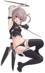Rule 34 | 1girl, absurdres, arm up, armpits, bandaged arm, bandages, bare shoulders, black footwear, black gloves, black panties, black shirt, black thighhighs, boots, breasts, brown hair, cosplay, crop top, dagger, dual wielding, fate/apocrypha, fate (series), fingerless gloves, full body, gloves, hair between eyes, highres, holding, holding dagger, holding knife, holding weapon, jack the ripper (fate/apocrypha), jack the ripper (fate/apocrypha) (cosplay), knife, kopaka (karda nui), looking at viewer, navel, panties, parted lips, purple eyes, sheath, shichinosato kofuki, shirt, simple background, single glove, sleeveless, sleeveless shirt, small breasts, solo, thigh boots, thighhighs, toji no miko, twintails, underwear, unsheathed, wavy mouth, weapon, white background