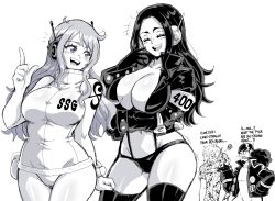 Rule 34 | 2boys, 2girls, alternate costume, bandana, black gloves, breasts, bustier, cleavage, gloves, greyscale, hair over one eye, hawaiian shirt, headphones, highres, jacket, large breasts, lewdamone, looking at another, monochrome, multiple boys, multiple girls, nami (one piece), navel, nico robin, official alternate costume, one piece, pointy nose, revealing clothes, sanji (one piece), shirt, shoulder tattoo, sleeveless, sleeveless shirt, sunglasses, tattoo, thong, usopp, wide hips