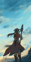 Rule 34 | 1girl, balsa, blue sky, brown hair, from behind, long hair, mountain, nahoshi, polearm, scenery, seirei no moribito, sky, solo, spear, weapon, wind
