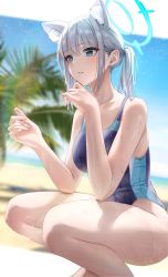 Rule 34 | animal ears, beach, blue archive, blue eyes, blue halo, breasts, competition swimsuit, dripping, halo, highres, medium breasts, one-piece swimsuit, palm tree, po ppe, shiroko (blue archive), shiroko (swimsuit) (blue archive), squatting, sweat, swimsuit, thighs, tree, twintails, wet, white hair