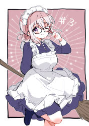 Rule 34 | 1girl, apron, blue dress, blue shirt, blush, border, breasts, broom, buttons, chapter number, closed mouth, collared shirt, commentary request, cowboy shot, cuffs, dress, floating hair, hara yui, highres, holding, holding broom, knee blush, large breasts, leg up, long sleeves, maid, maid apron, maid headdress, majo wa mangetsu ni saku, medium breasts, medium hair, minato shima, official alternate costume, official art, one eye closed, outline, outside border, pink hair, pleated apron, pleated dress, purple eyes, shirt, solo, star (symbol), white border, white outline, wrist cuffs